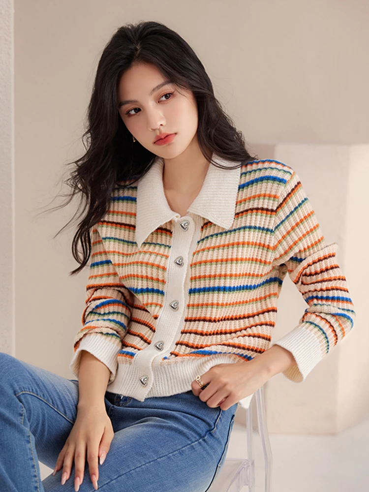 Vintage Color Blocking Rainbow Striped Sweater Women\'s Loose-fit Turn-down Collar Knitted Top Autumn Harajuku Casual Cardigan