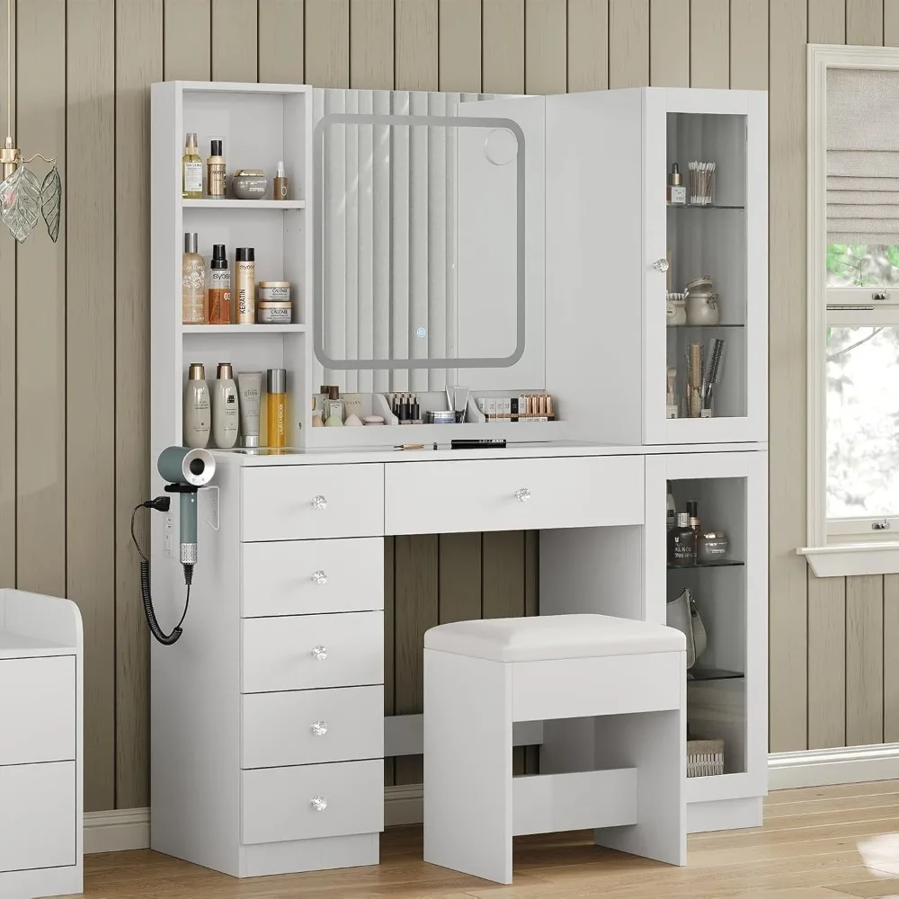 

Makeup Vanity with LED Mirror & 2 Cabinet, 6 Drawers Vanity Desk with Power Outlet, 3 Color Modes, Brightness Ajustable