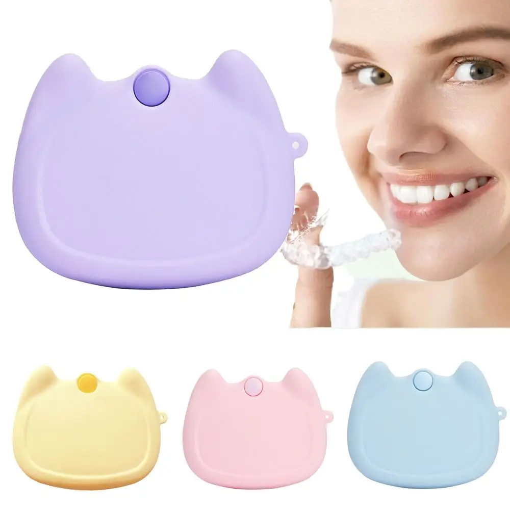 Desenhos animados Gato Silicone Retentor Caso com Drenagem Buracos, Soft Boca Guarda, Mini Doce Cor Dentadura Caixa De Armazenamento, Ferramenta de Cuidado Dente