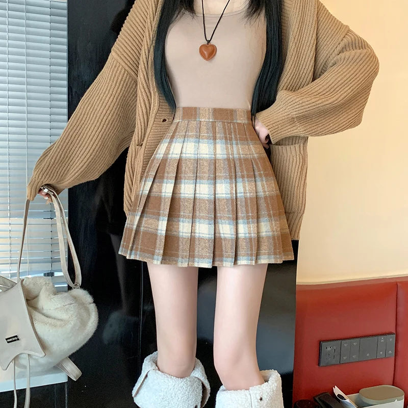 Preppy Style Winter Plaid Vintage Pleated Mini Wool Skirt For Women High Waist Thicken Casual School Cute Short Skirt Female