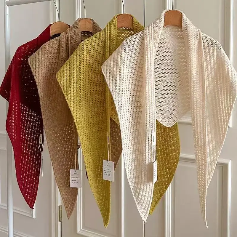 100% Pure Wool Knitted Triangle Scarf Woman Fall Winter Scarves Solid Warm Girl's Shawl Korean Style Muffler Ladies Accessories