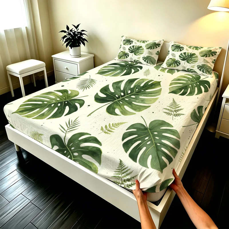 3Pcs Microfiber Fitted Sheet Set,Deep Pocket, Multi-Sizes,Durable,Vibrant Monstera Fern Leaf Print,Modern Bedroom Decor