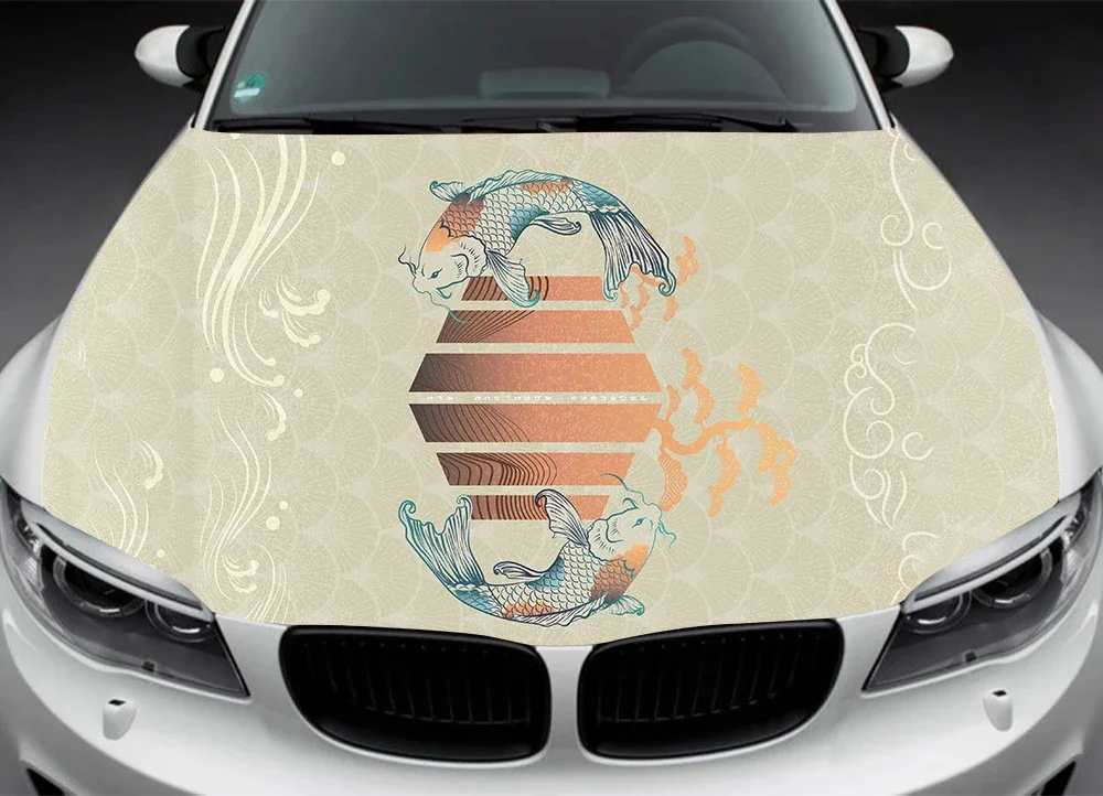 Japanese Abstract Fish Art Car Hood Decal, Sticker, Graphic, Wrap Decal, Truck Decal, Truck Graphic, Anime Bonnet Decal