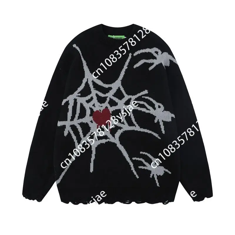 

American Retro Trend Spider Web Sweater Men Y2K High Street Lazy Wind Hole Design Sense Sweater Unisex Casual Loose Warm Sweater