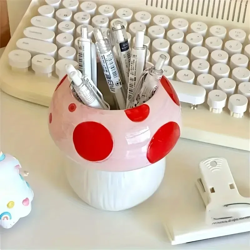 Cute Mushroom Ceramic Pen Container Series Suitable Makeup Brushescontainer Office Supplies Desktop Creative Decoration