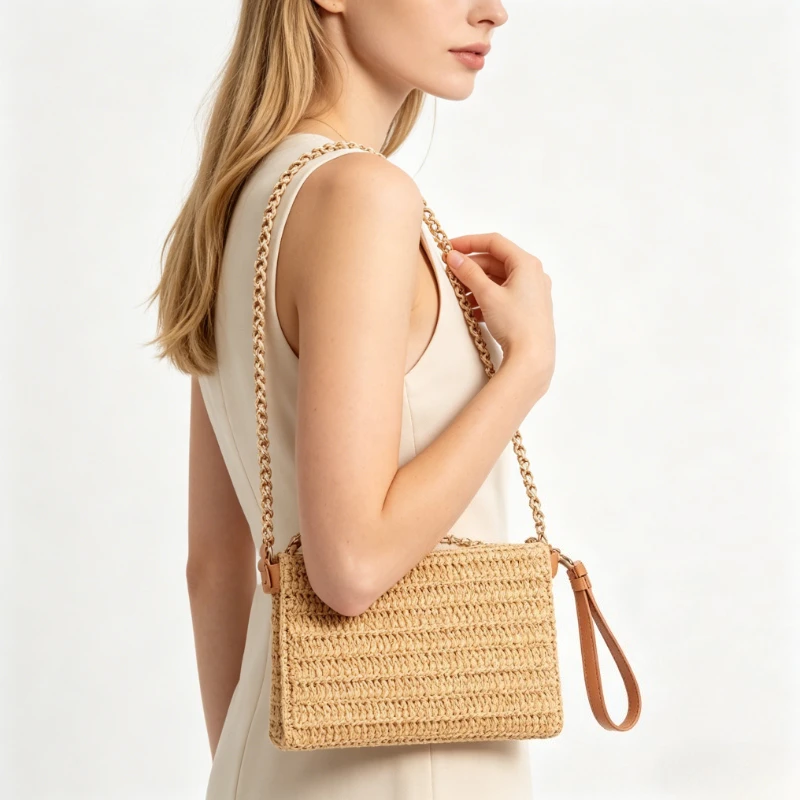 

Summer Grass Woven Bag Women Clutch with Detachable Gold Chain Wrist Strap Purse , Chic Straw Weaving Shoulder Crossbody Bag