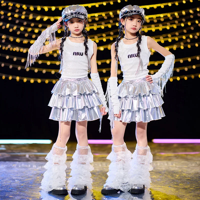 Girls Hip Hop Silver Crop Top Shiny Tiered Skirts Kid K-pop Streetwear Skirt Children Jazz Girl Group Street Dance Clothes Sets
