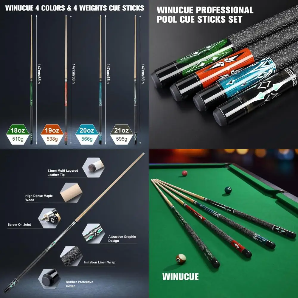 

58 Maple Wood Billiard Cue for Adults, 1m Tip, 18-21oz Weight Options, Anti-Slip Wrapping