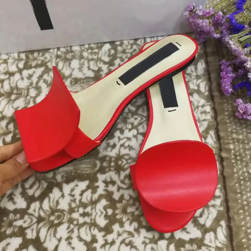 Light Blue Leather Slippers Women Open Toe Round Square Geometry Shape Decor Flats Shoes Woman Fashion Sandals