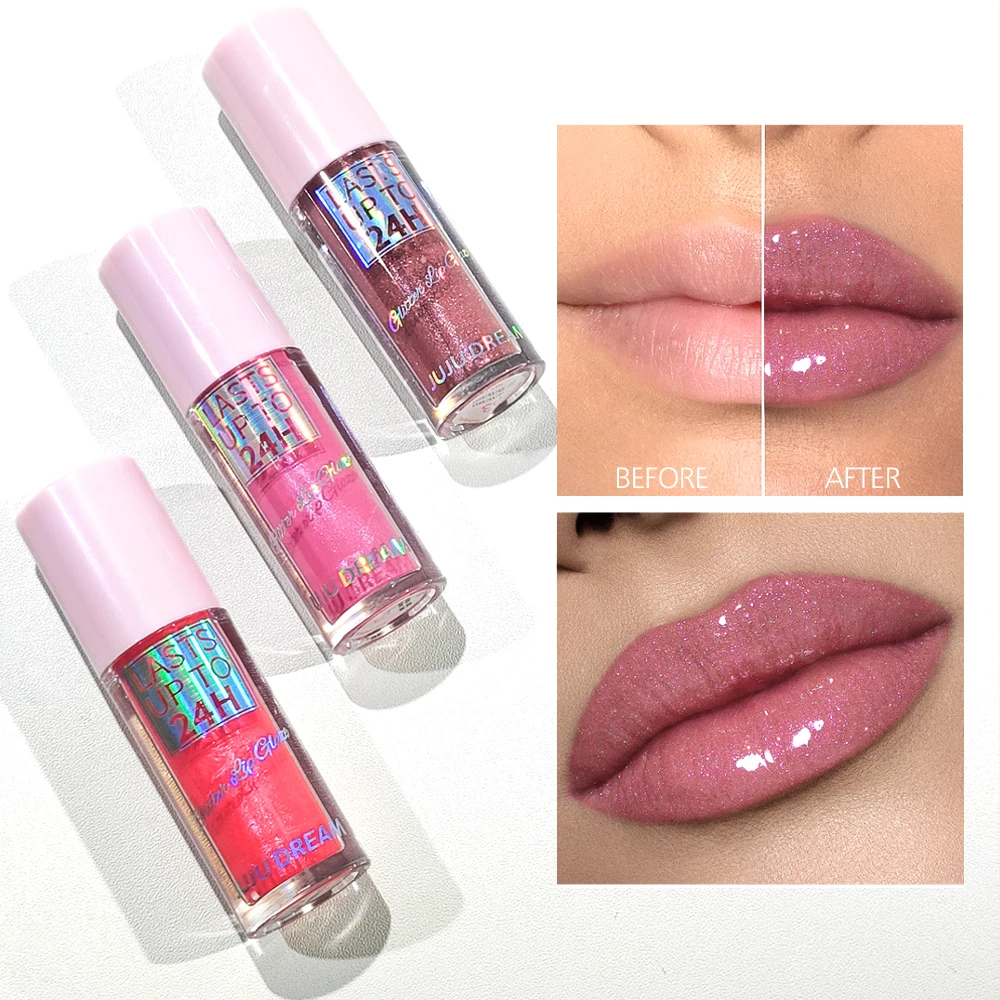 مجموعة ملمع الشفاه الثلاثي مكونة من 3 قطع - ملمع شفاه لامع ومرطب يدوم طويلاً وملمع شفاه ملون باللون الوردي والخوخي (مجموعة هدايا)