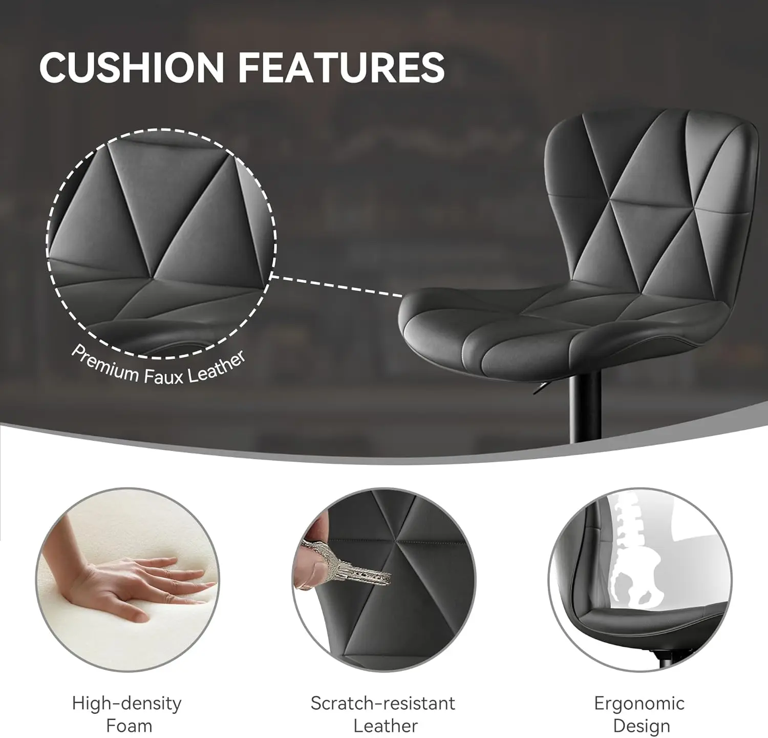 Set of 2, Height Bar Stools, Upholstered Faux Leather Bar Chairs with Metal Base, Modern Bar Stools for Kitchen Counter Dining R