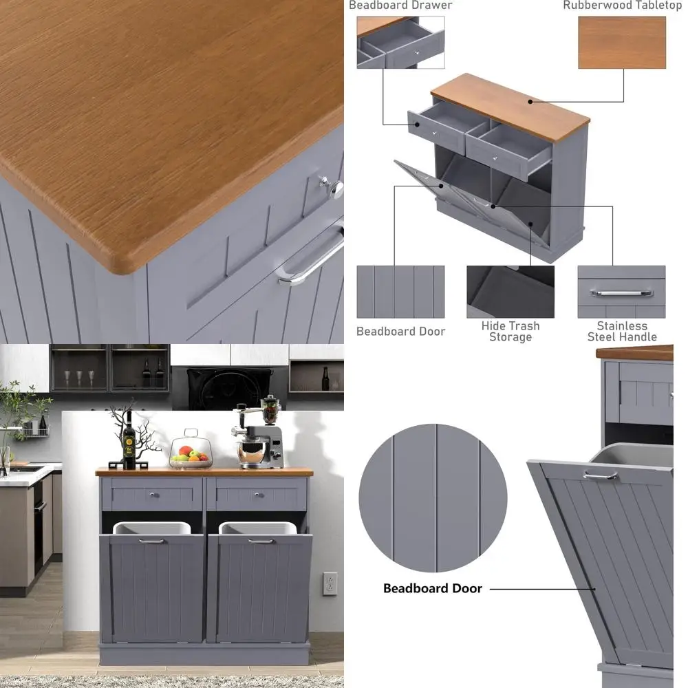 

Винтажный кухонный остров из бисера со столешницей из массива дерева, ящиком и серым двухдверным шкафом для стирки