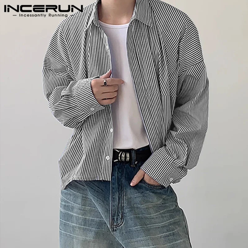 INCERUN męska koszula w paski z klapami z długim rękawem luźna koreańska stylowa odzież męska Streetwear 2024 moda Casual koszule męskie S-5XL