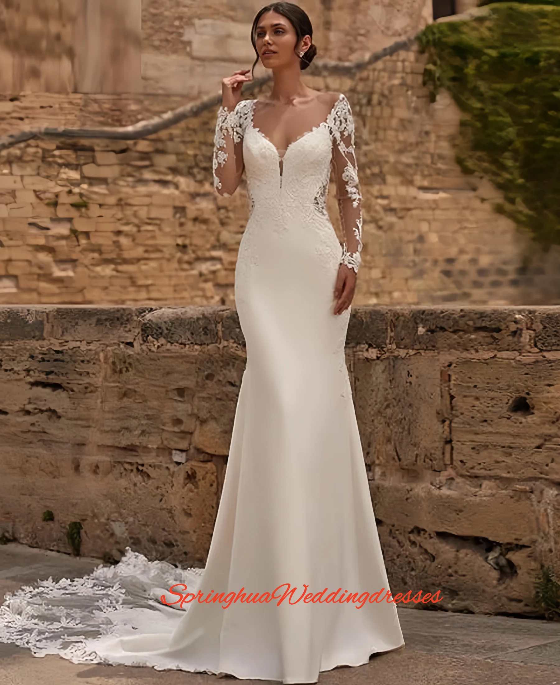 

Customized Charming Mermaid Women's Wedding Dresses Long Sleeve Vestidos De Novias De Boda Bride Gowns Lace Appliques