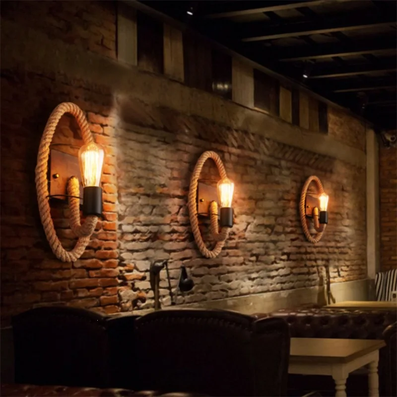 Retro personalized wall lamp American loft wrought iron bedside wall creative industrial style  cafe guest restaurant hemp rope
