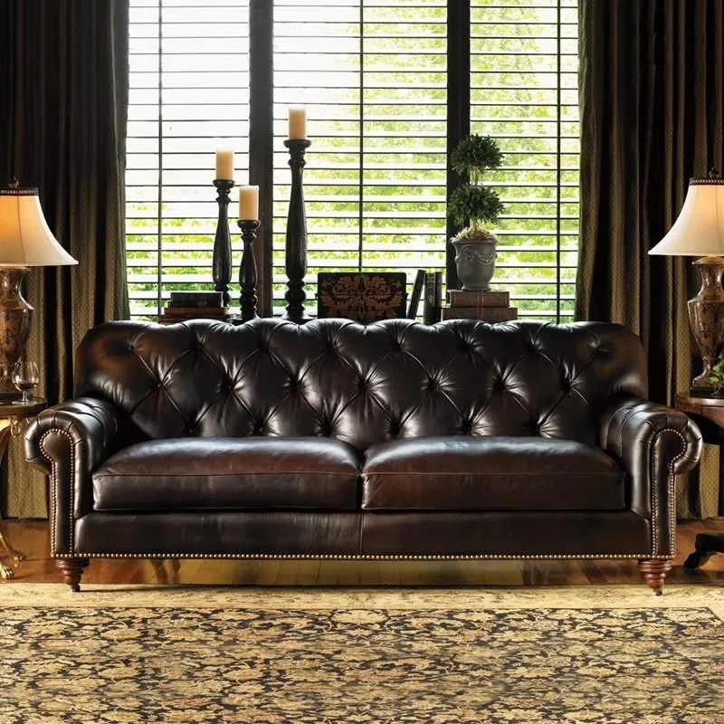 American Retro Distressed Wood Square Sofa with Oil Wax Finish Three Seat European-Style Tufted Luxurious Quality