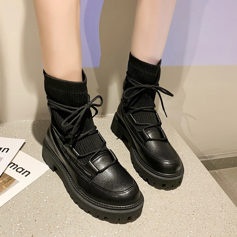 Women's Single Boots Springand Autumn New Thick Soled Leather Knit Lace-up Knight Boots Fashion Temperament Non-slip Short Shoes