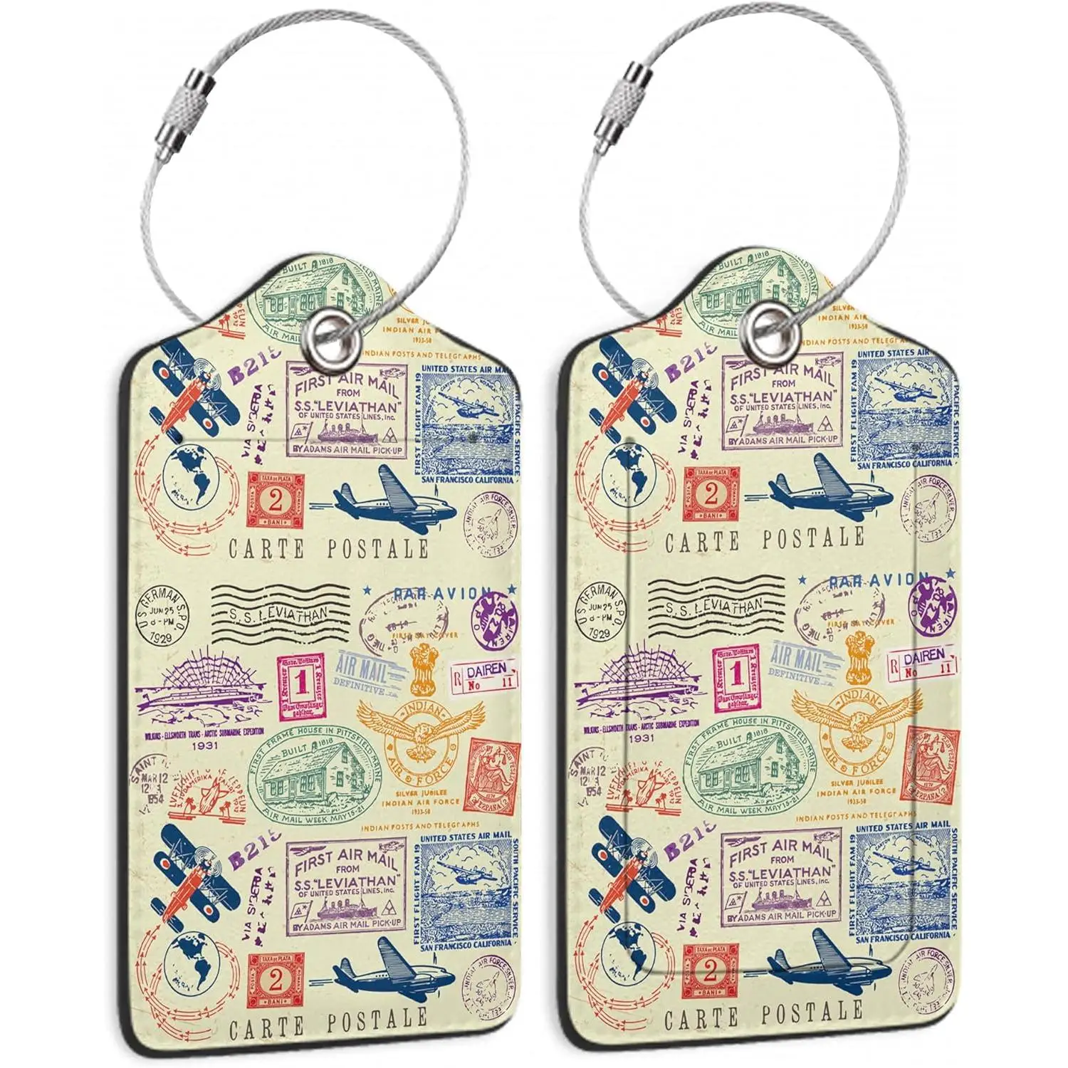 

Travel Stamp Luggage Tags for Suitcase 2 Pack Retro Passport Carte Postale Luggage Tag Leather Privacy Cover ID Label