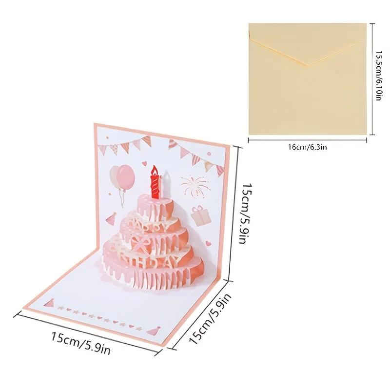 1-teilige Geburtstags-Grußkarte im 3D-Kuchen-Design mit farbenfrohem und niedlichem Pop-Up-Stil, perfekt für Geschenke und inklusive Umschlag. – Detail 6