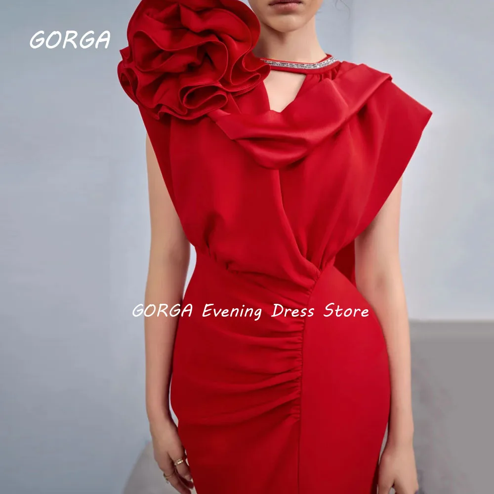 GORGA Red O-Neck 3D Flowers Crepe Mermaid 2024 Slim Short Sleeves Ocassion Gown Ankle-Length Formal Evening Dress