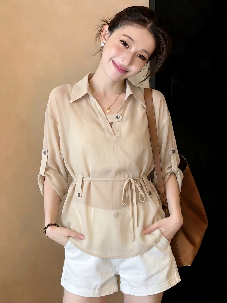 

Slim Fit V-Neck Short Sleeve Shirt Women's Summer New Style Big Size Fat MM Medium Length Waist-Cinching Top Commute Style