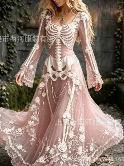 Women's Gothic Skull & Rose Maxi Dress – detail image 6