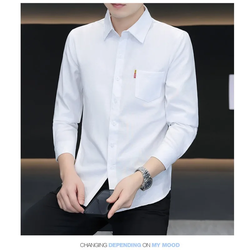 Men's Long Sleeve Shirt Pocket Solid Color Shirt Casual Button Pocket Lapel Cardigan Commuter Fashion Top