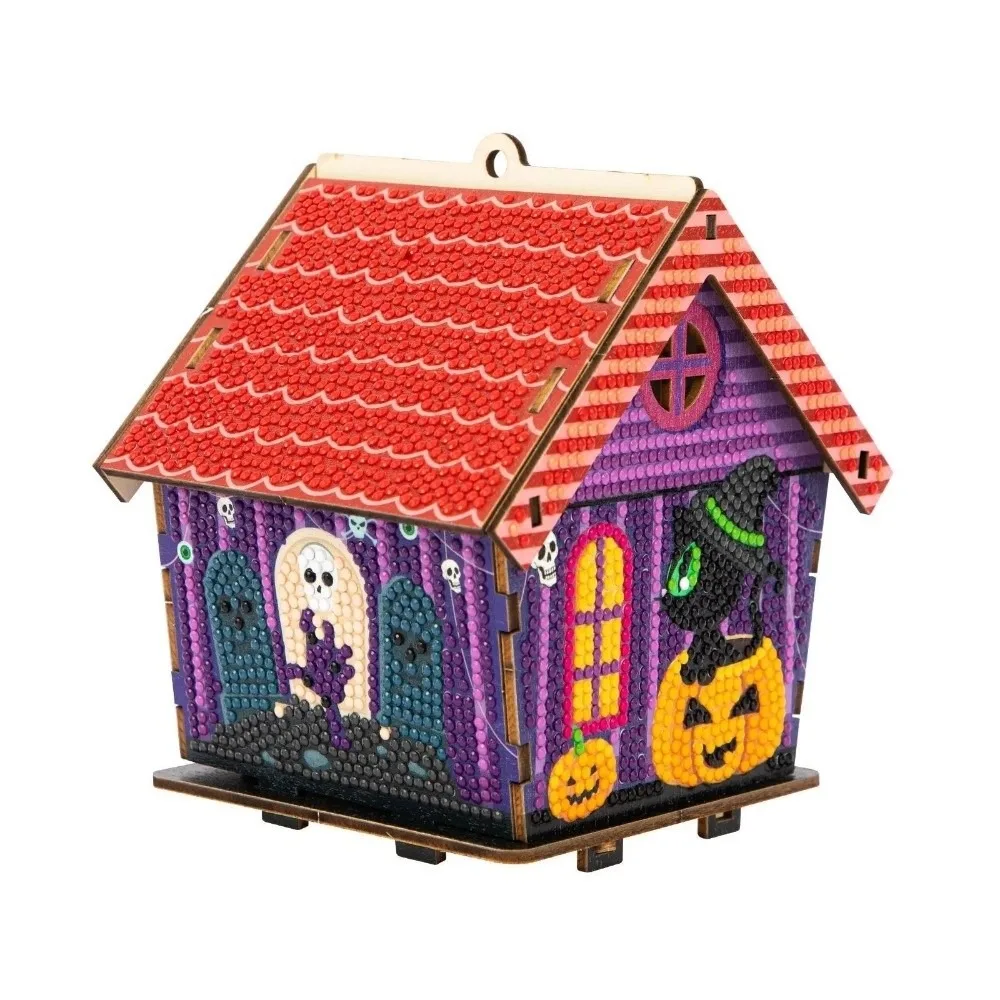 3D Wooden House Halloween Rhinestone Painting Kit Spooky Ghost Pumpkin Pattern DIY Craft Kit Pearl Art Cute Handmade Craft Set