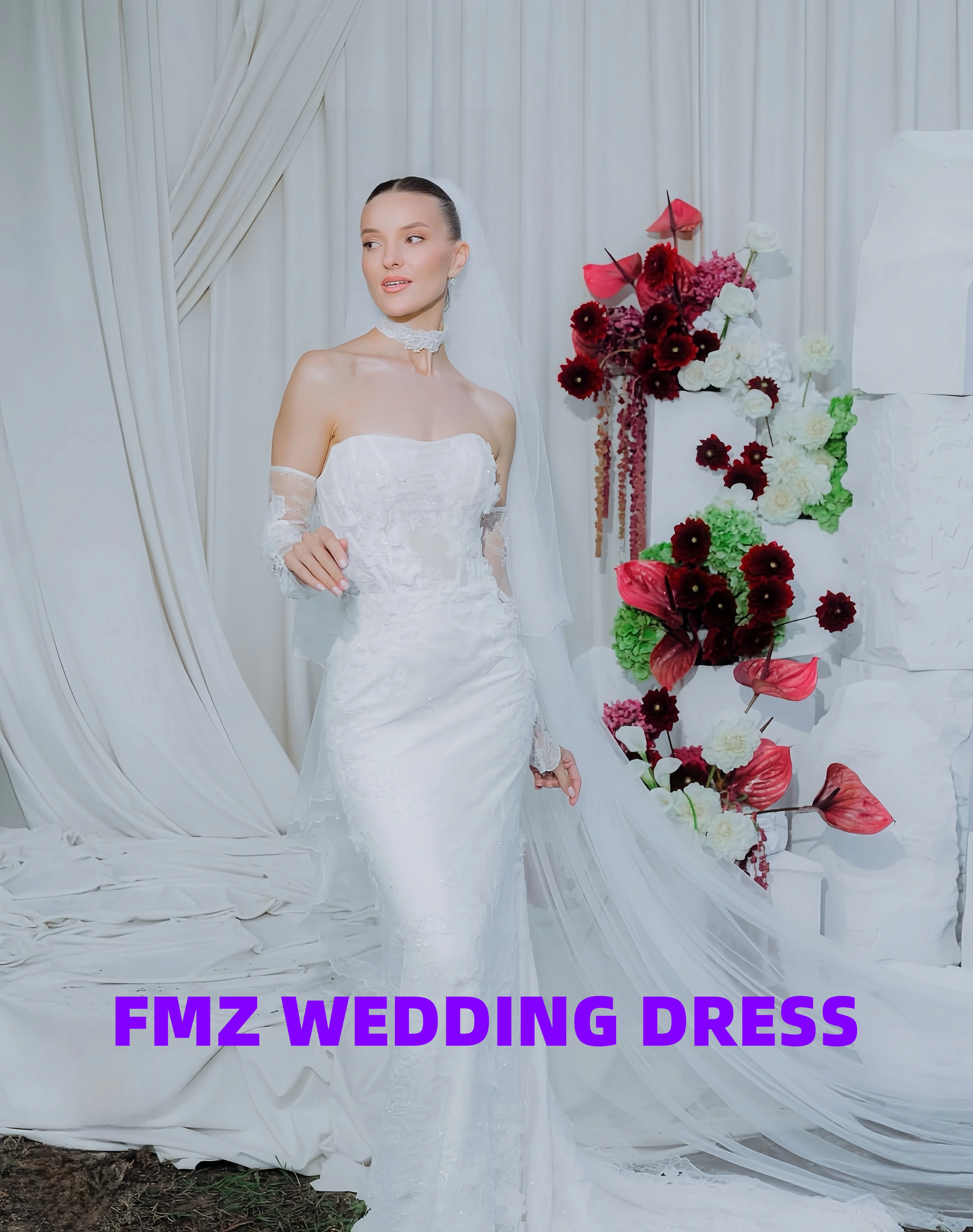 فستان زفاف أنيق مخصص بدون حمالات وأكمام طويلة من الدانتيل حورية البحر من فيستدوس دي نوفيا رداء دي ماري #1