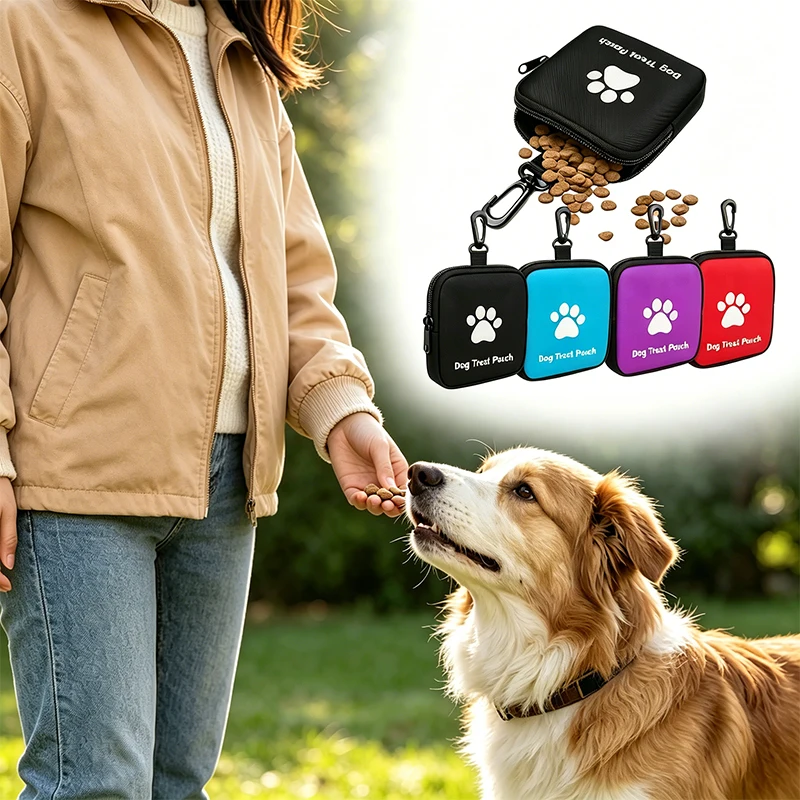 Portable Dog Training Treat Pouch Travel Pet Snack Bag Zipper Closure Paw Print Design for Outdoor Walking Pet Supplies
