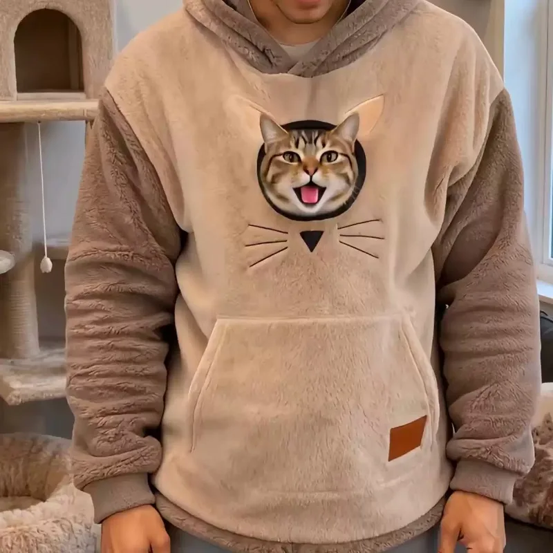 Unisex Warm Thick Lamb Fleece Oversized Hoodie Pullover, Casual Sweatshirt with Built‑in Kangaroo Pocket for Small Cat Puppy