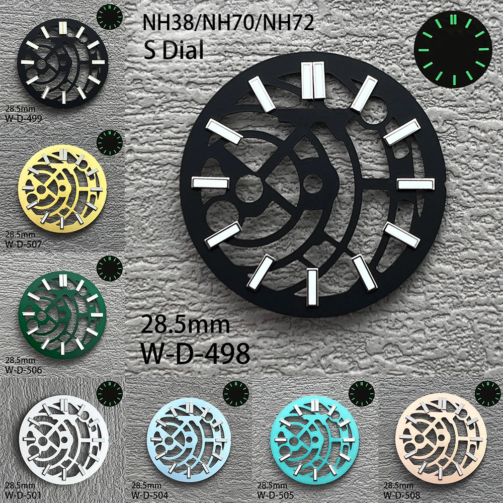 

28.5mm S Logo Hollow Out Dial Fit NH70/NH72 Movement Green Luminous High-Quality Dial Watch Modification Accessories