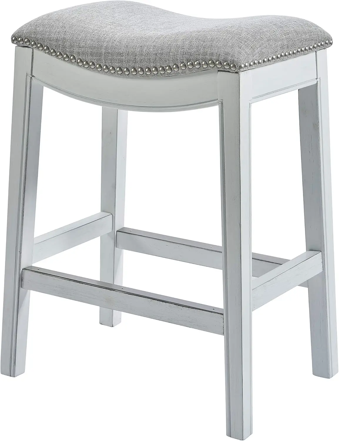 Zoey 31in. Bar-Height Backless Wood Narrow Saddle-Seat Barstool with Nailhead Trim, Alabaster White