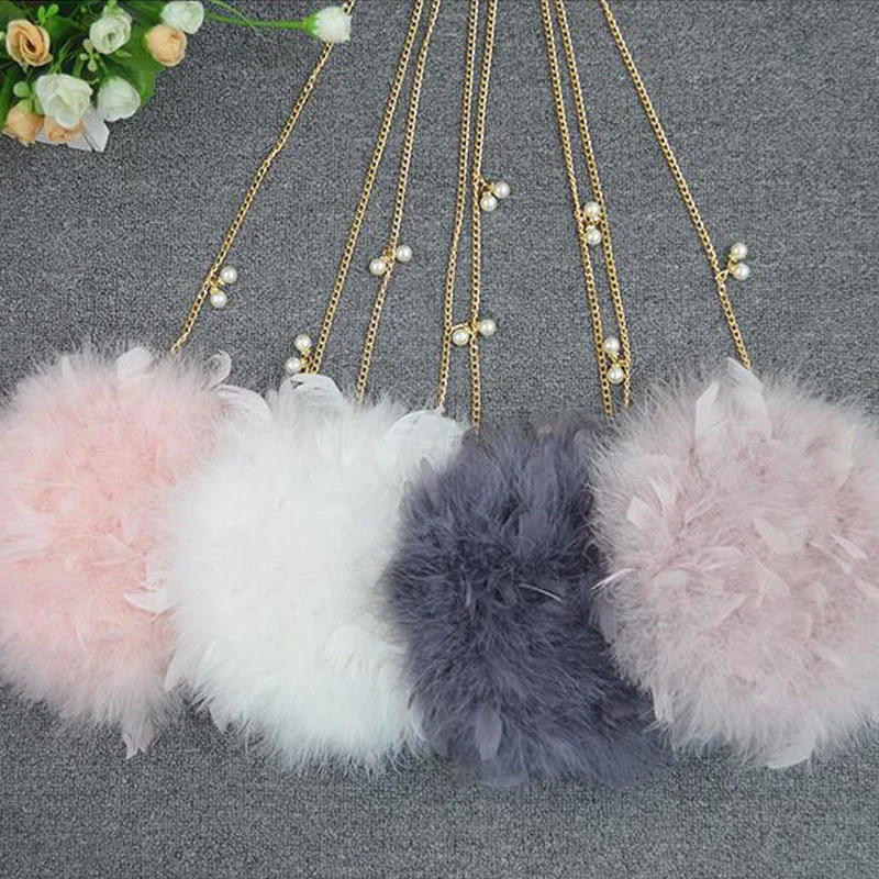 Feather Handbag for Women Luxury Circular Bag Small Chain Shoulder Crossbody Bags for Women Evening Party Plush Clutch Bags