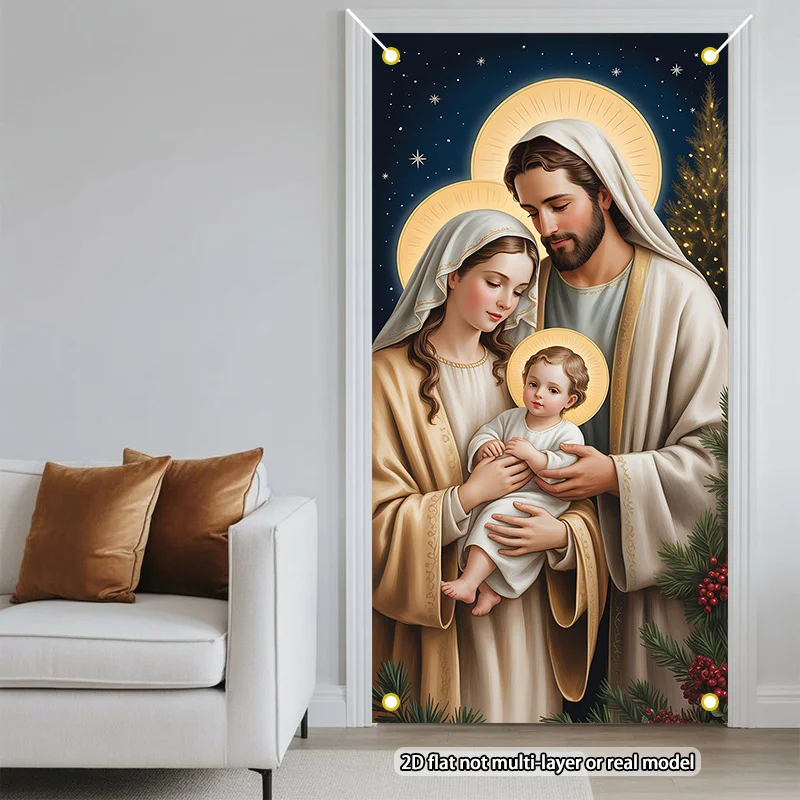 Holy Family Christmas Door Cover Religious Christian Polyester Door Banner Wall Hanging Home Entrance Living Room Party Decor