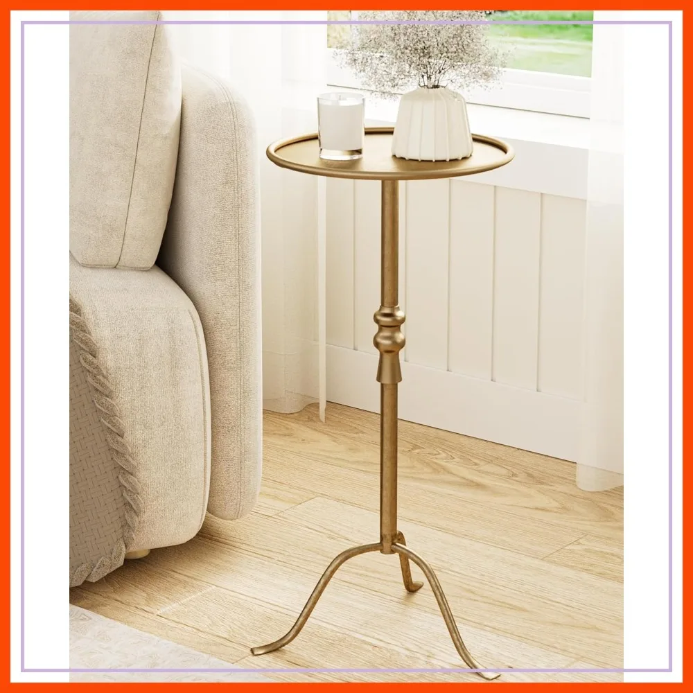 

25 Inch Round Pedestal End Table, Distressed Iron & Brass Tray Top, Vintage Accent Table for Living Room Bedroom