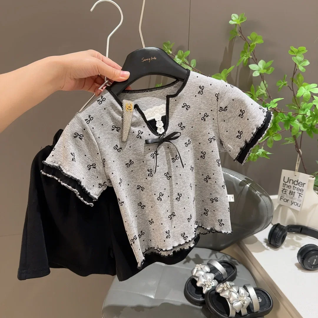 

Детские комплекты, костюм из чистого хлопка для девочек, кружевные универсальные шорты с короткими рукавами, комплект из двух предметов, одежда для девочек, детская одежда