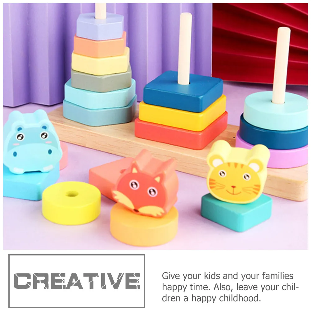 

1Set Wooden Geometric Stacking Rings Animal Design Colorful Fine Workmanship for Toddler Learning Hand Eye Coordination