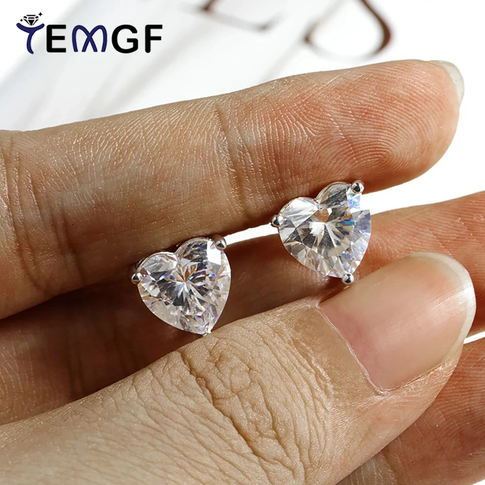 

TEMGF 6.5mm/8mm/10mm Heart Cut Moissanite Ear Studs S925 Silver Earrings for Women Fashion Sparkling Fine Jewelry Date Love Gift