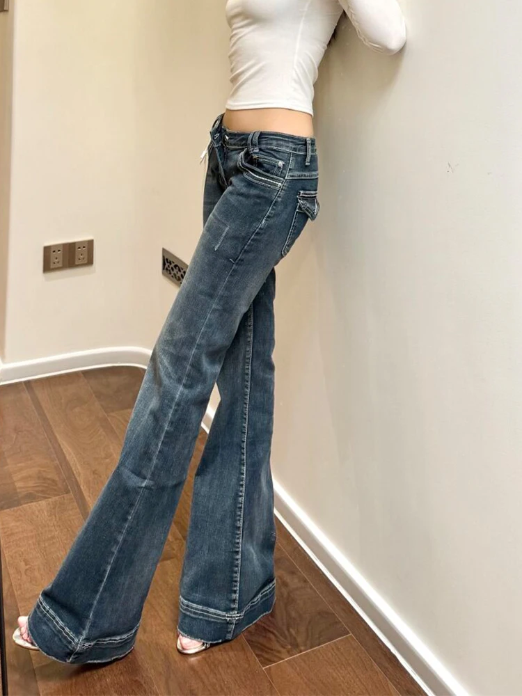 

American Style Deep Blue Faded Low Waist Bell Bottom Jeans Women Summer New Slim Fit Narrow Version Floor Length Pants