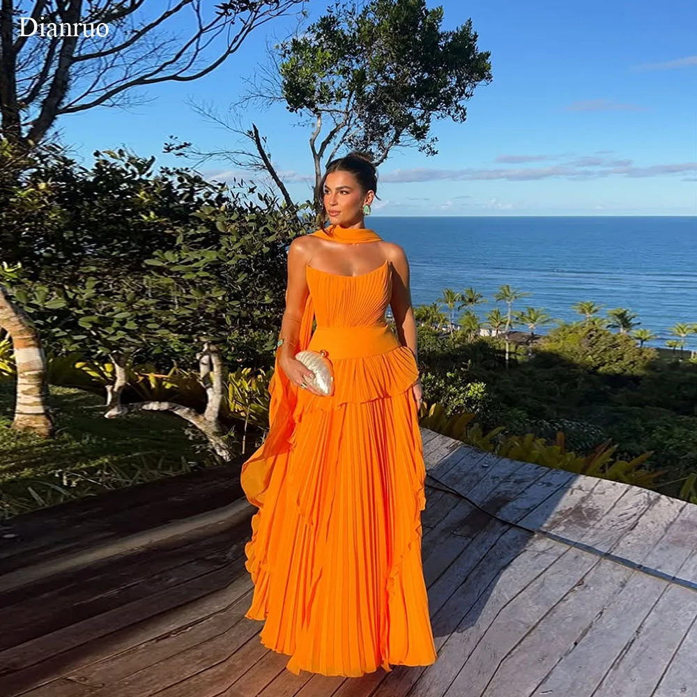 

Dianruo Orange Strapless Evening Dresses A Line Pleated Vestido Formales Chiffon Ribbons Maxi Vestidos De Verano Customized