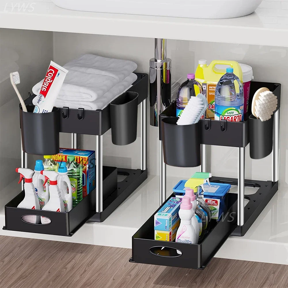 High Quality Kitchen Under Sink Organizer Storage Rack 2 Tier Shampoo Detergent Cabinet Spices Rack Bathroom Cosmetics Storage