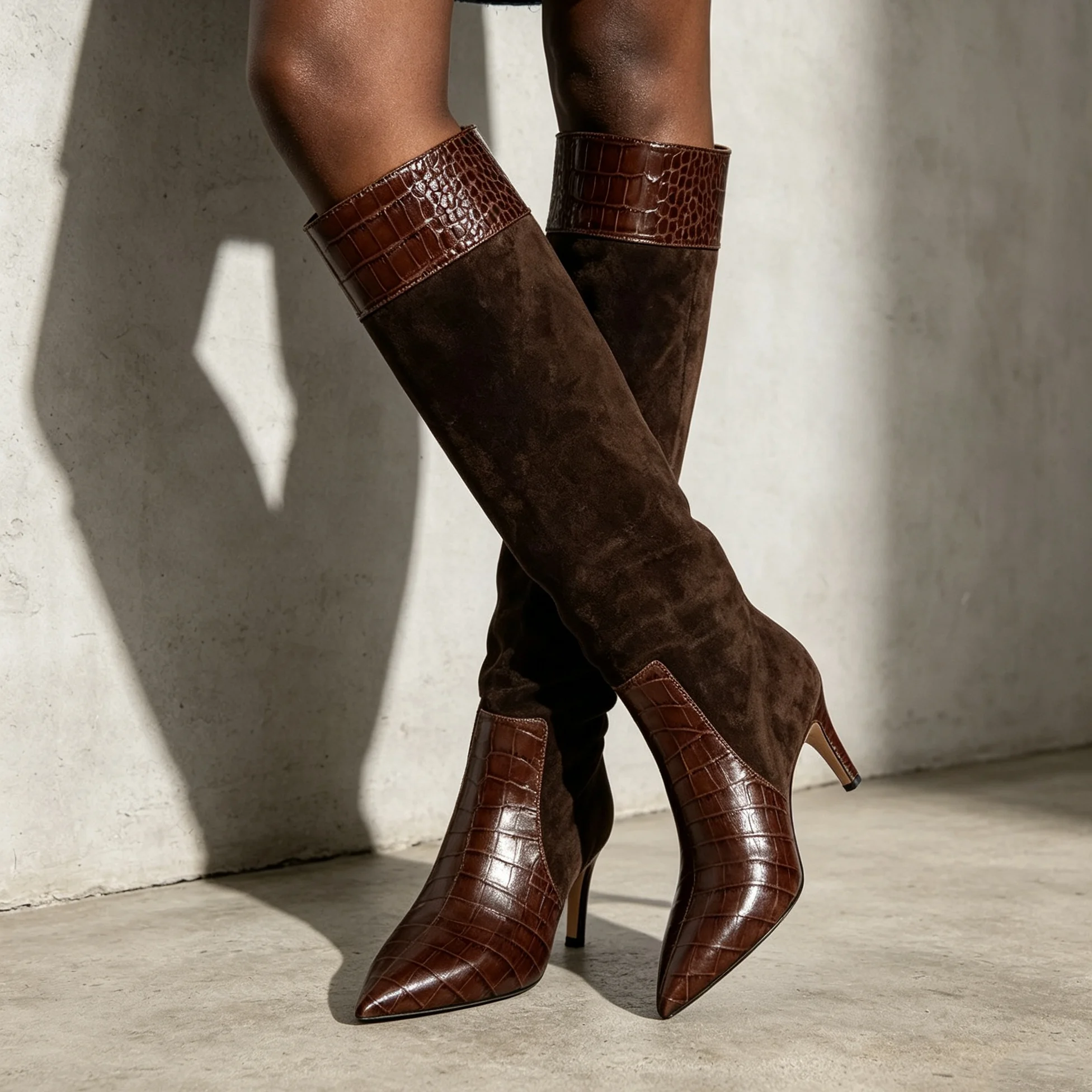 Croc-Pattern Knee High Boots Pointy Toe Fur Patchwork Thin Heel Women's Long Boots Winter Brown Slip On Luxury Warm Shoes Sexy