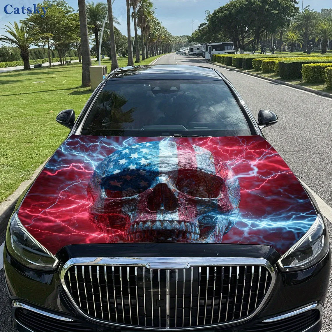 

Car Hood Film, Stickers National Flag Element Skull Pattern - Car Vinyl Wraps, Exterior Accessories Suitable For Most Cars; Bubb