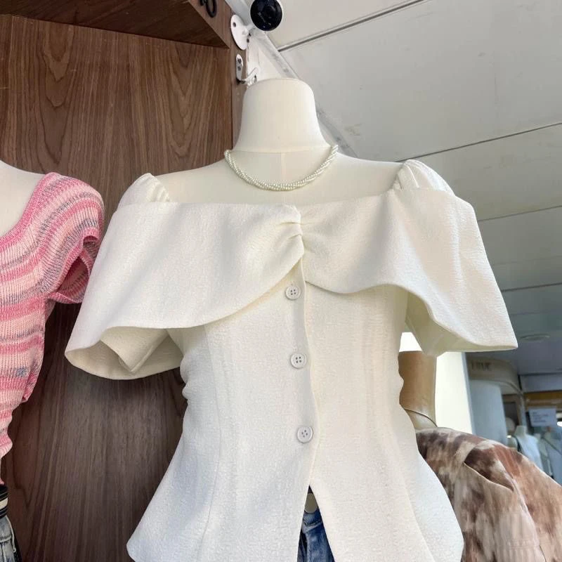 

Slimming Effect Korean Sle irt with Button Detail Stand Collar Pleated Design ort Sve Commute Sle Top