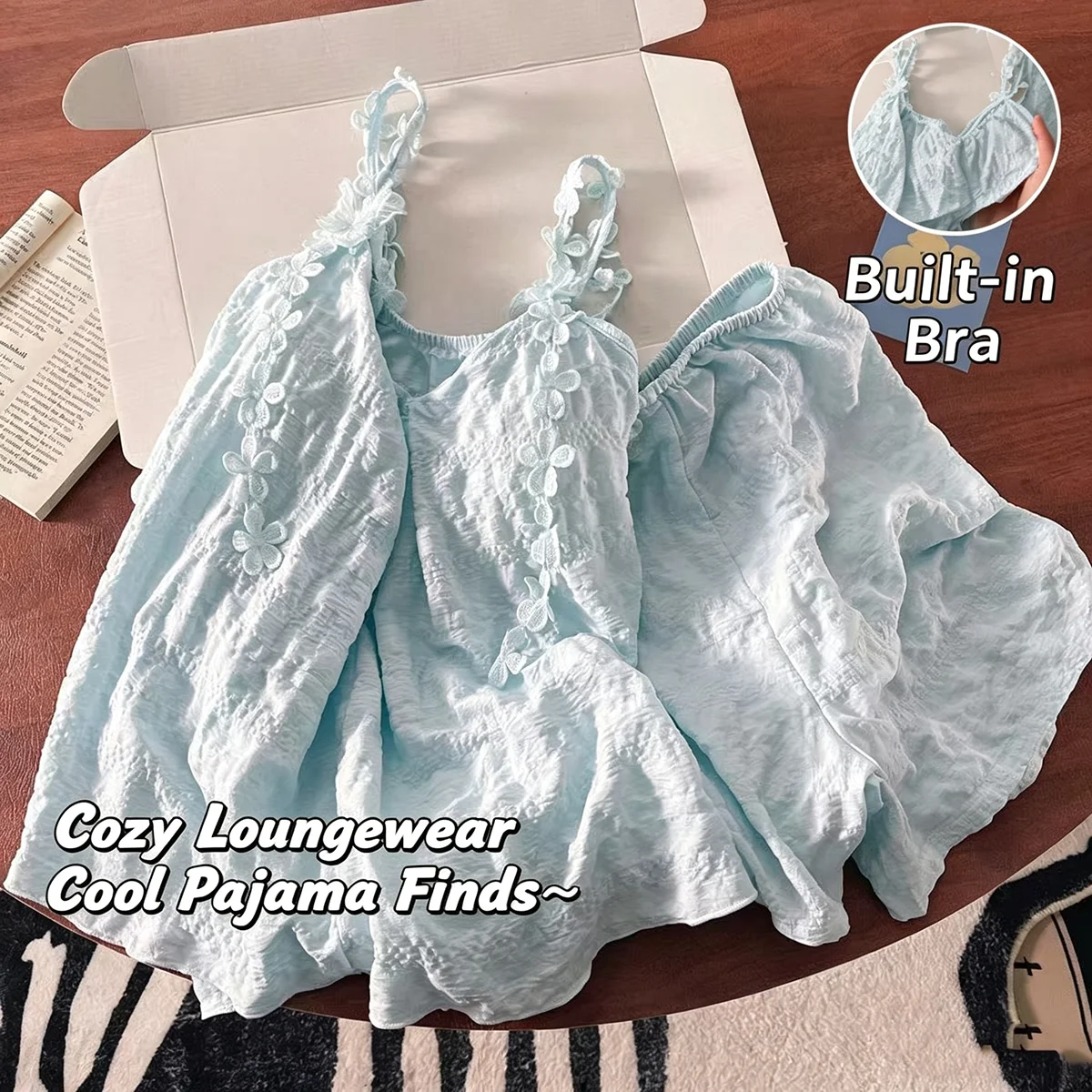 Nouvel ensemble pyjama d'été pour femme avec bretelles et coussinet de poitrine, vêtements d'intérieur, couleur unie, short ample à bretelles, ensemble deux pièces
