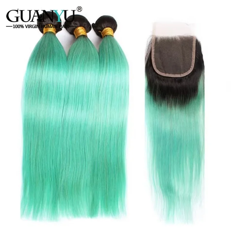 

# 1B/Светло-зеленые прямые пучки волос цвета омбре с застежкой, 100% плетение человеческих волос, 3 пучка с кружевной застежкой 4x4