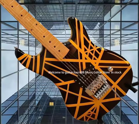 Eddie electric guitar, yellow stripes, black, Floyd Rose, bridge vibrato, beige neck and fingerboard, rare