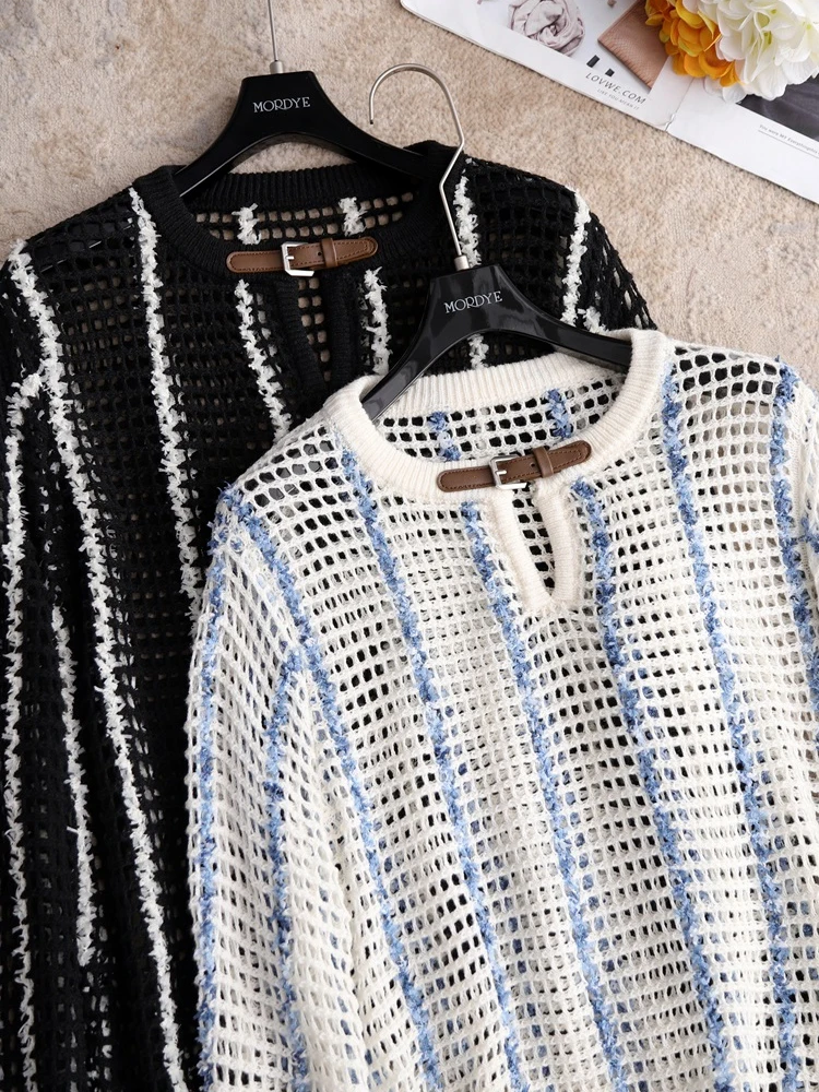 

Laid-ba Knitted Sweater Hollow out Knitwear Color Blo Belt Hook Flower Pattern Advanced Ladies Straight Tube Commute Sle