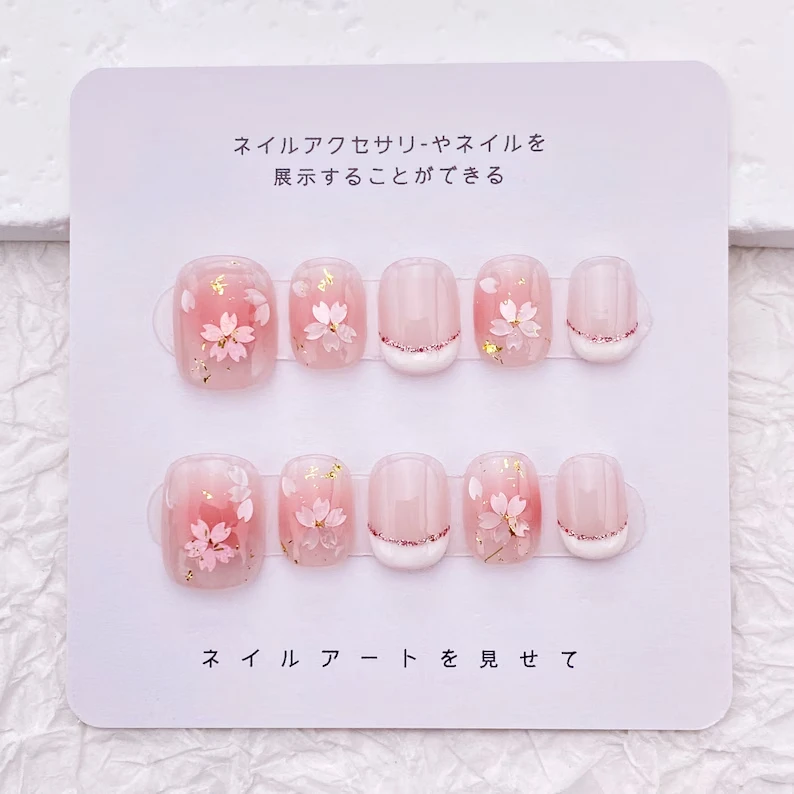 

Cute French exquisite cherry blossom custom press-on nails, artist artificial nails, reusable high-quality nails